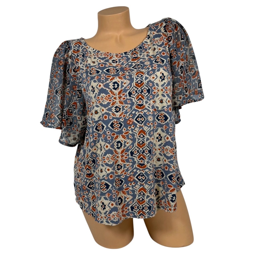 Lucky Brand Womens XL Blue Geometric Ikat Flutter Sleeve Keyhole Back Blouse Top
